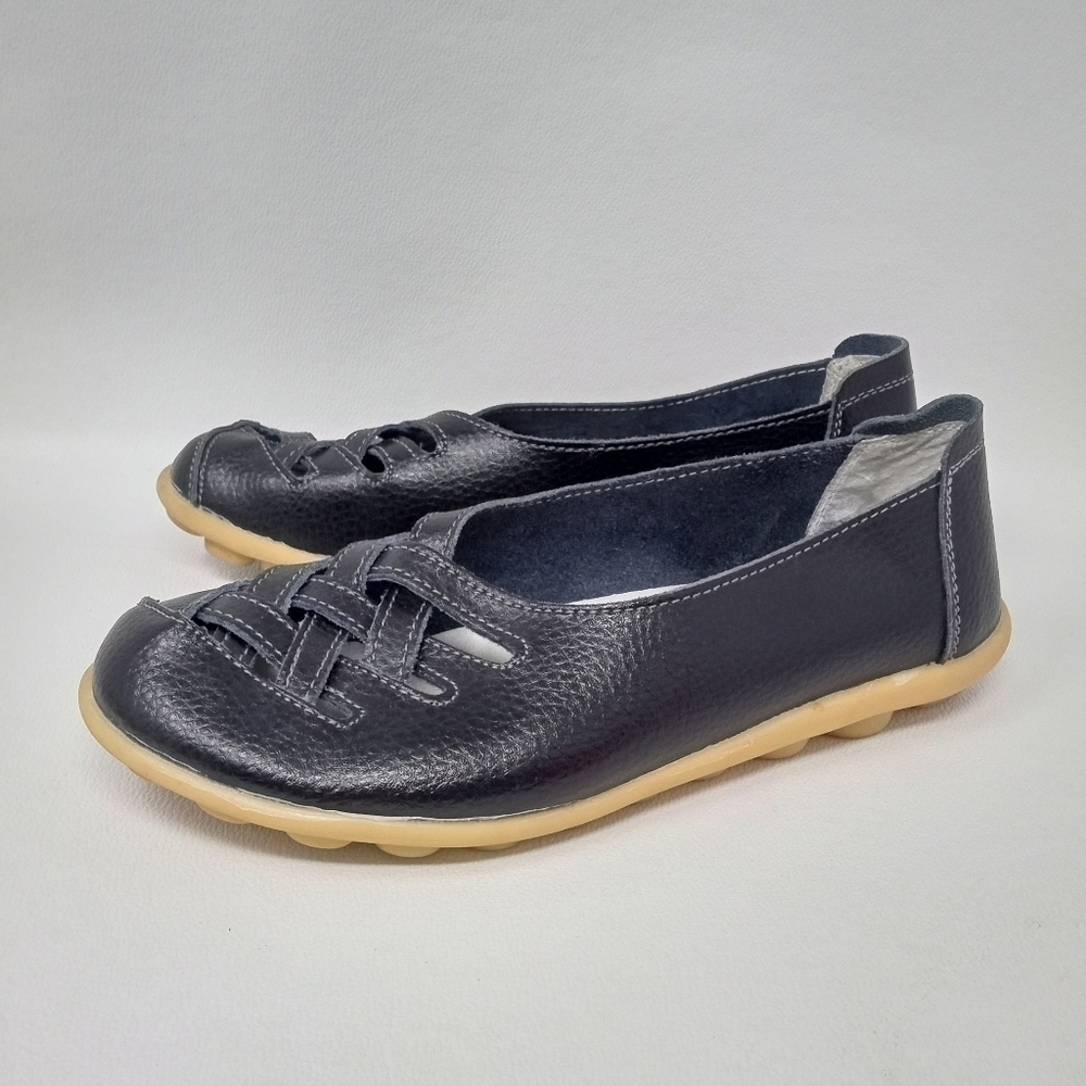 KEESKY Women's Leather Casual Cut Out Loafers Flat Slip-on Shoes in dark blue